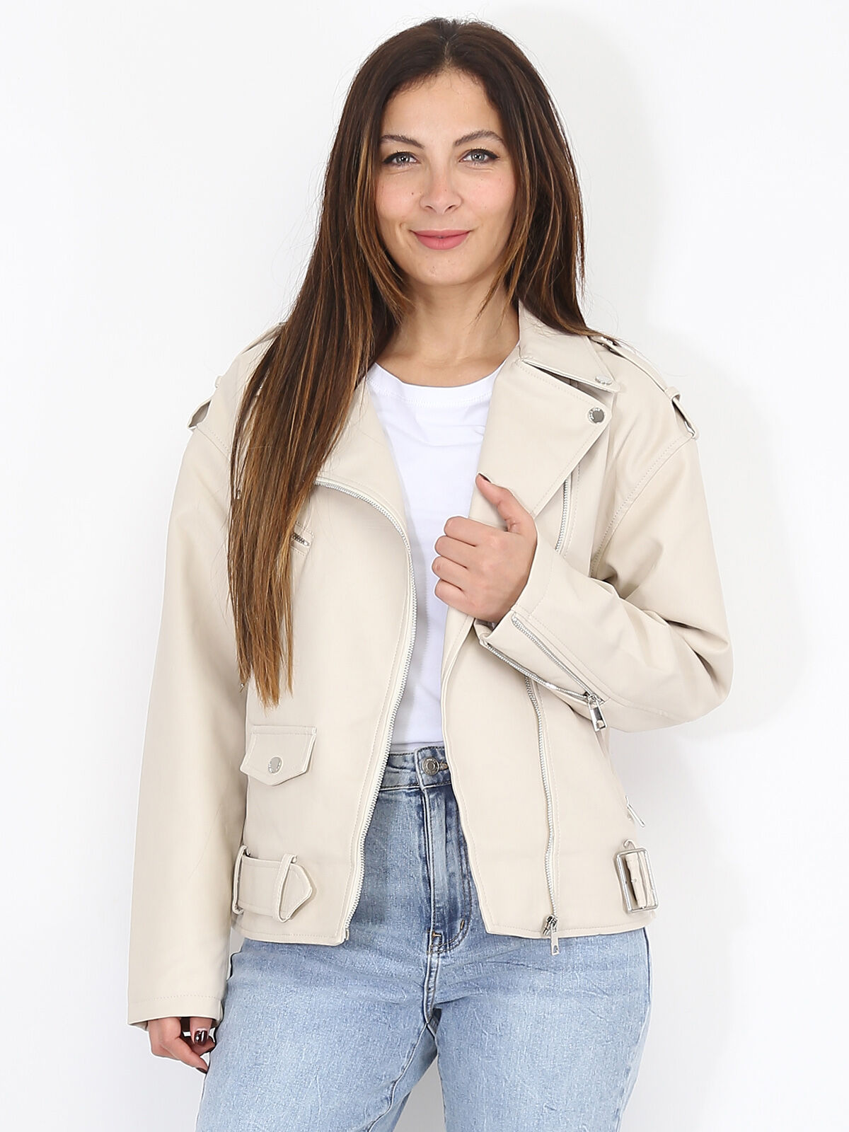 Blouson motard oversize en simili- Beige