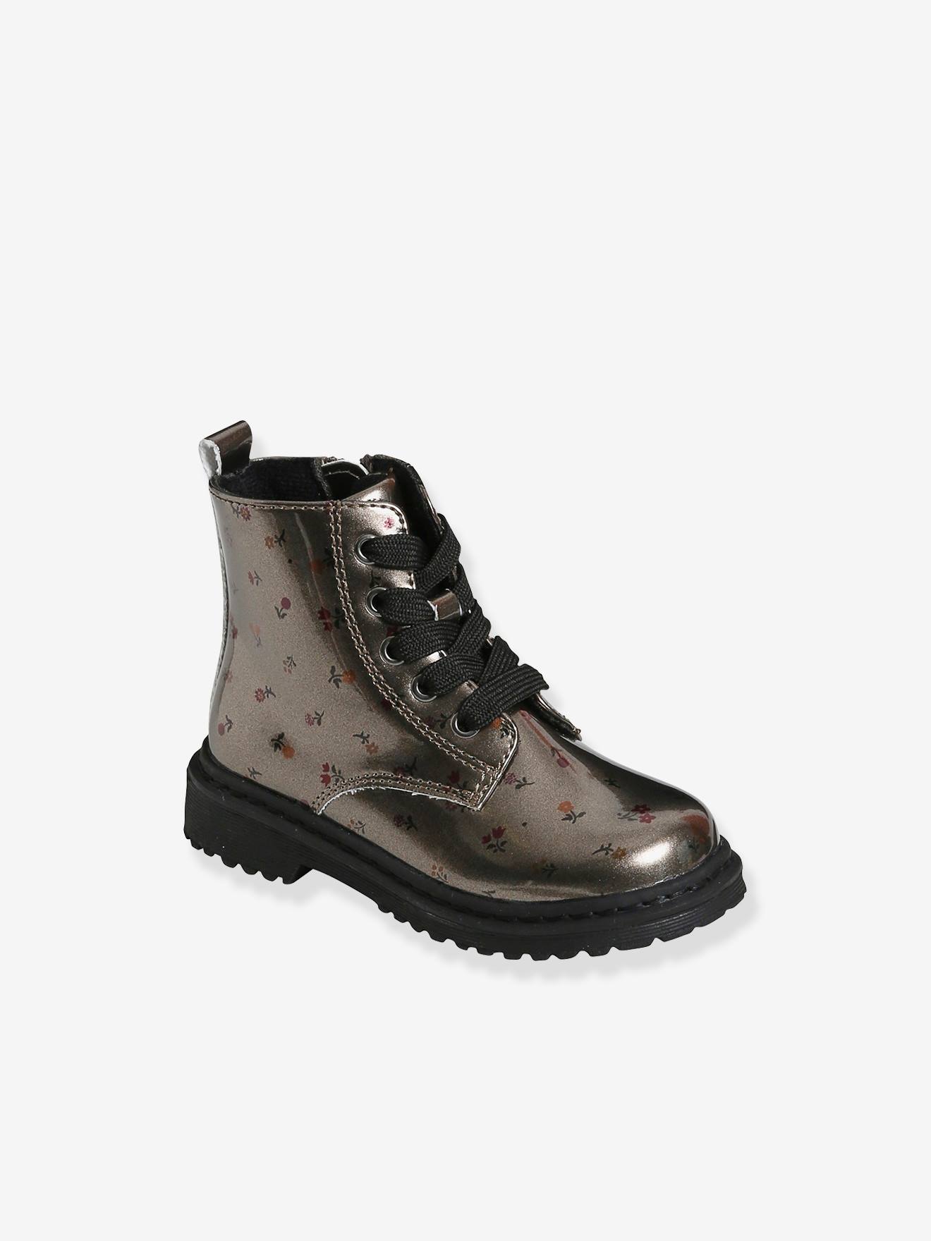 Botas de cano curto estampadas com cadarço e zíper, para bebê menina, estampa cinza médio