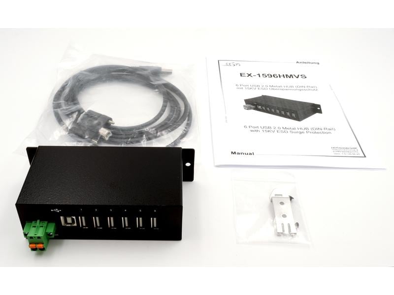 Exsys USB-Hub EX-1596HMVS 6-Port USB-2.0-Hub mit DIN-Rail-kompatiblem Metallgehäuse