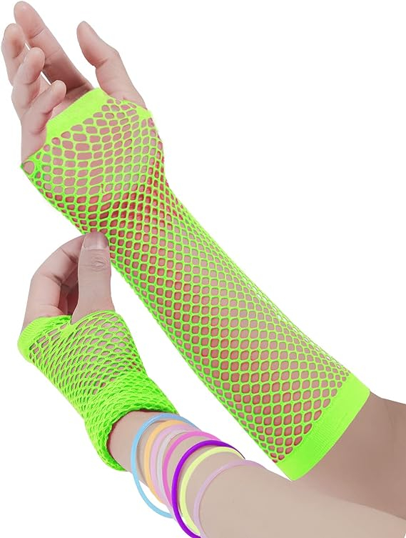 (19-tlg. Set) Fasnachts Erwachsenen Kostüm 80er Jahre Neon Verkleidung für Motto Partys inkl. Netzhandschuhe / Tüllrock / Stulpen / Brille - Grün