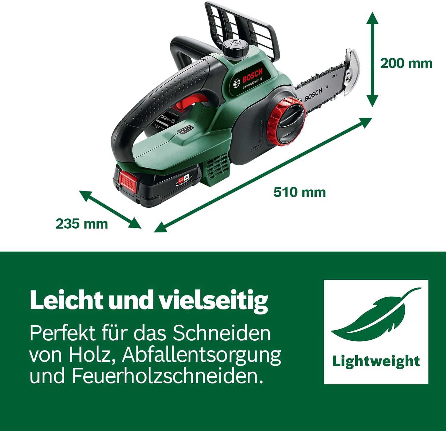 Bosch Akku-Kettensäge UniversalChain 18 (Akku 2,5 Ah, Ladegerät, SDS-System, Schwertlänge: 200 mm, 18-Volt-System, in Kartonschachtel)