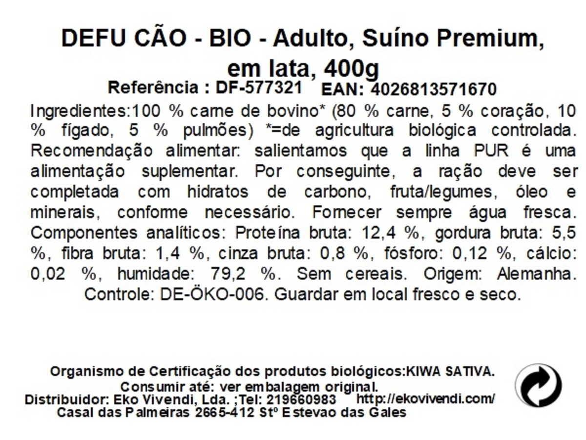 COMIDA HÚMIDA CÃO BIO DEFU SUÍNO PREMIUM LATA 400G DF