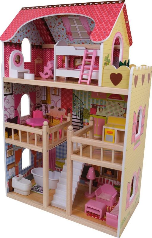 Bandits & Angels houten poppenhuis House of Angels - 3 jaar - 90 cm hoog - inclusief 16 meubeltjes - roze