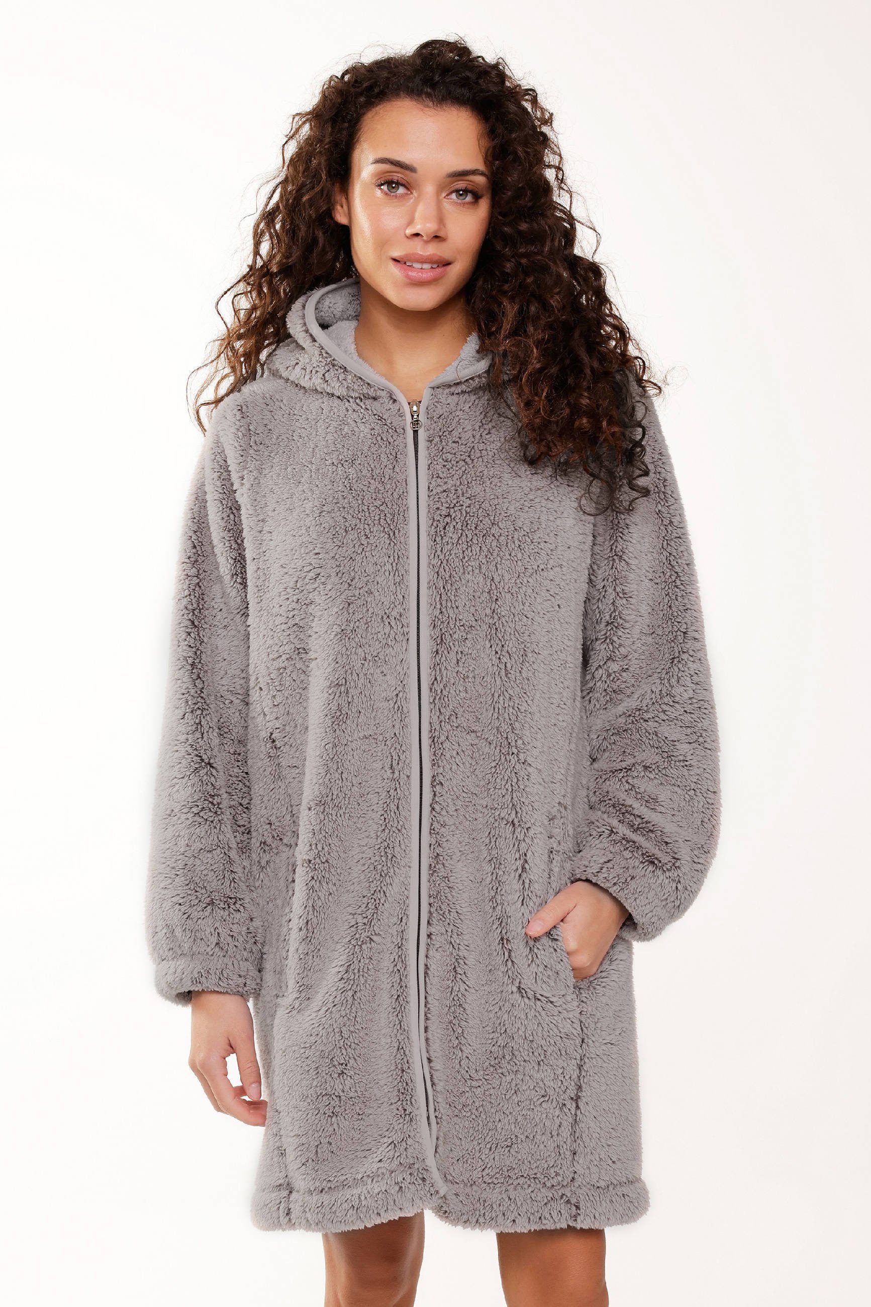 LingaDore fleece badjas met ritssluiting en capuchon taupe