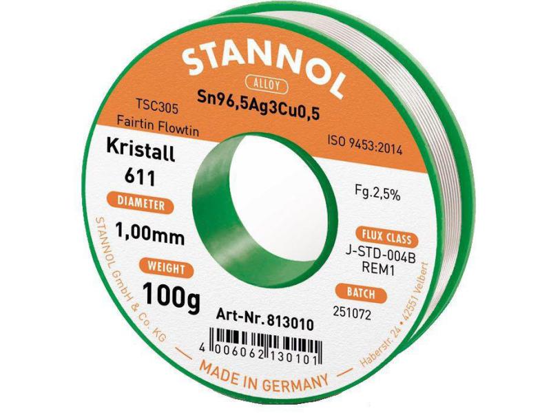 Stannol Lötzinn Kristall 611 TSC Ø 1.0 mm 100 g TSC Lötdraht Kristall 611 Ø 1.0 mm 100 g