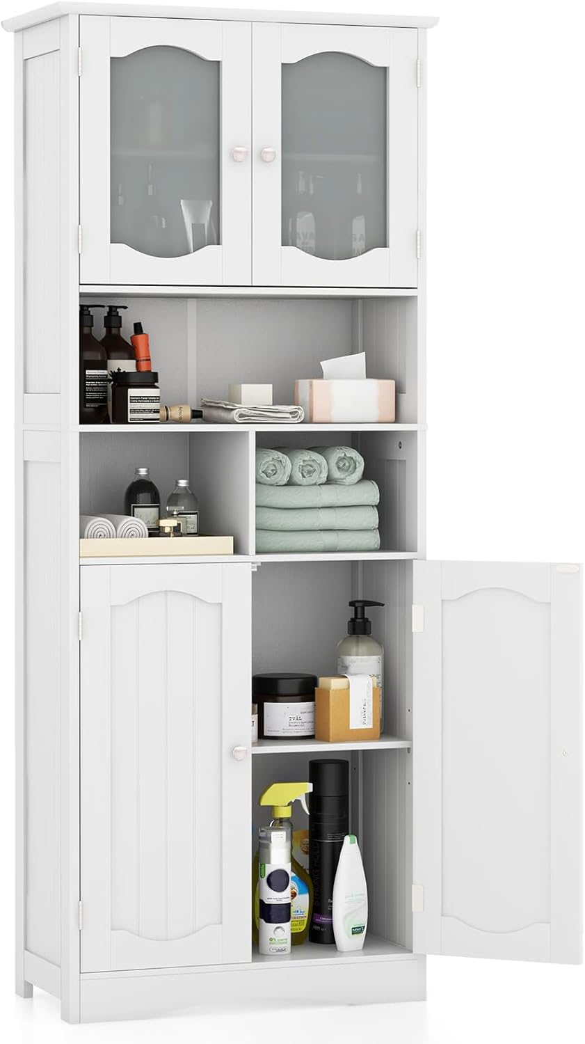 COSTWAY Badezimmerschrank, freistehender Hochschrank mit 4 Türen & Regalen & Verstellbarem Einlegeboden, Badschrank mit Kippschutz für Wohnzimmer, Badezimmer, Küche, Weiß, 60 x 30 x 148,5 cm