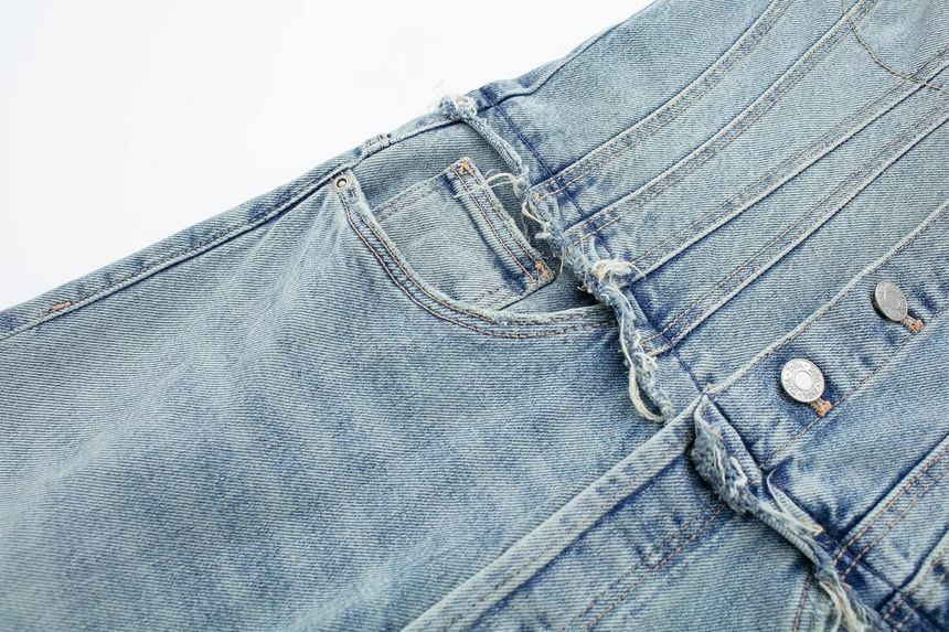 Avauntgardo - Strapless denim jumpsuit met wijde pijpen en wassing