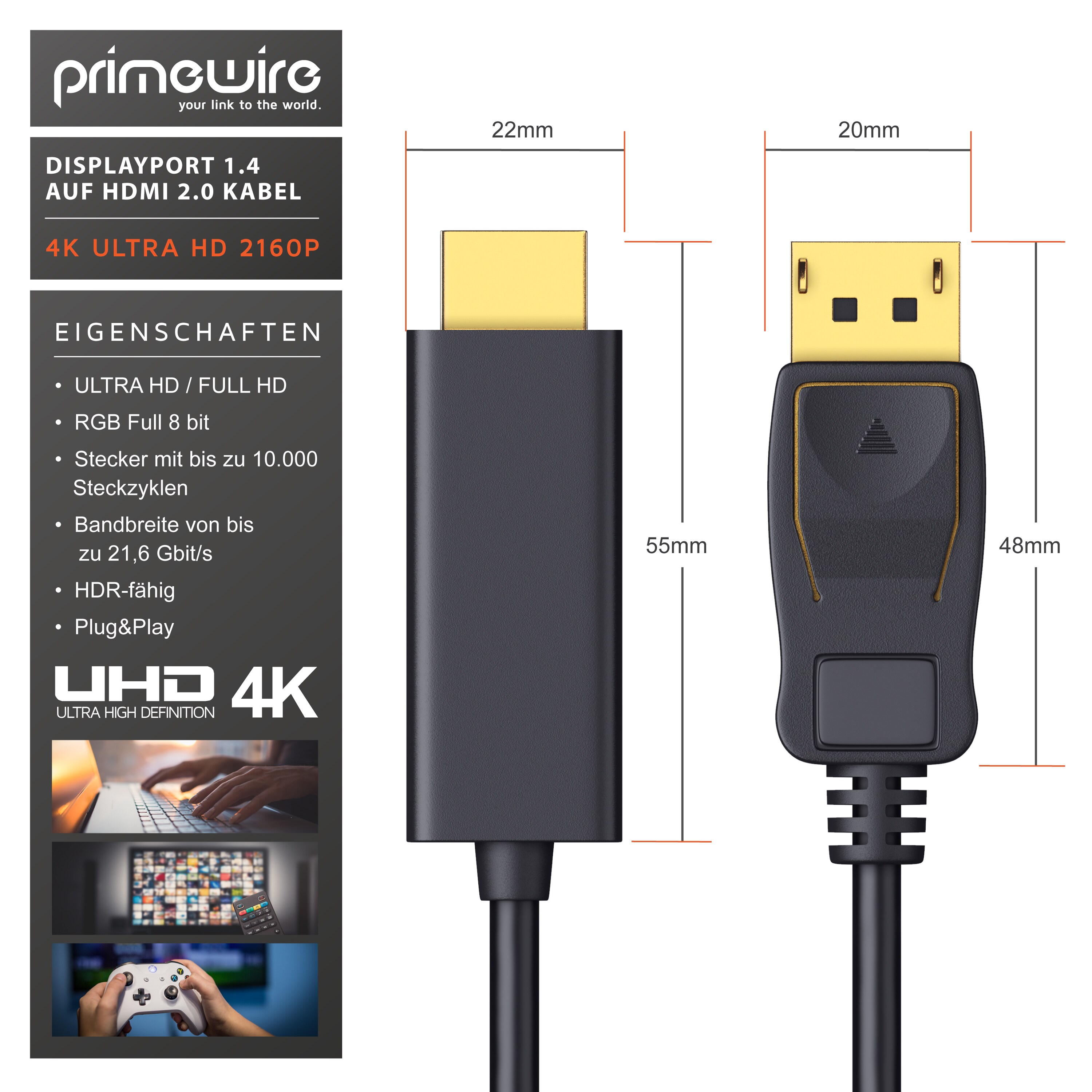 Primewire Premium DisplayPort auf HDMI Konverterkabel Adapterkabel 4K 3840 x 2160 @ 60 Hz - 1m