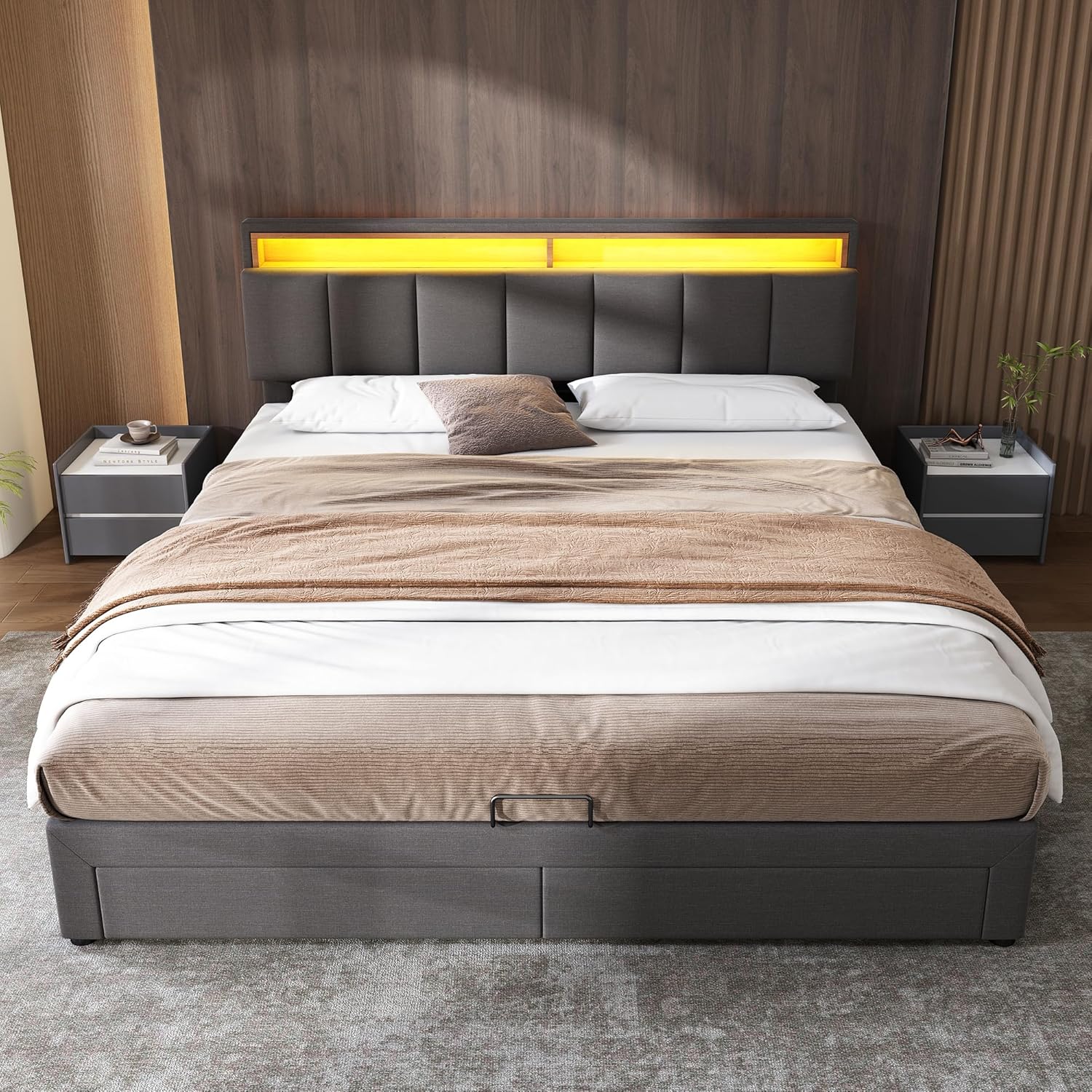 Polsterbett 160x200 cm mit LED-Beleuchtung, Doppelbett mit Stauraum und 2 Schubladen, Erwachsenenbett mit Hydraulischem Stauraum, Bettgestell Bett mit Lattenrost, Ohne Matratze, Grau, Leinen