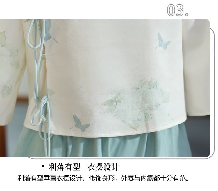 Fioridi - Hanfu-top met lange mouwen en bloemenprint en strik / Midi-A-lijn rok met hoge taille