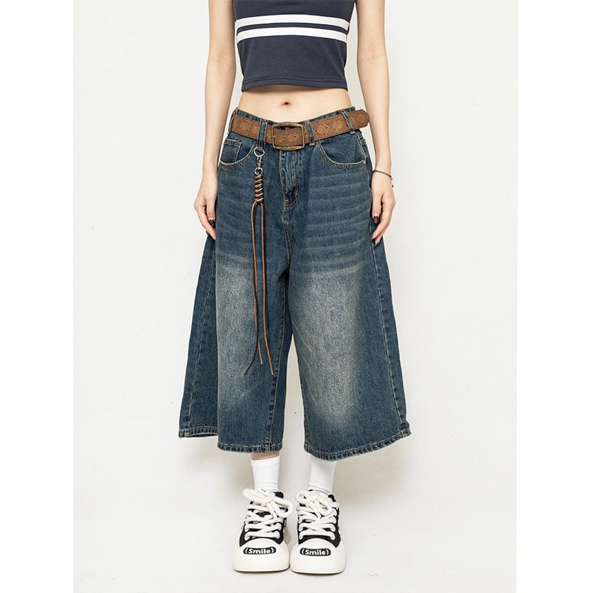 rinkoplan - Low Rise Washed Wide-Leg Denim Jorts