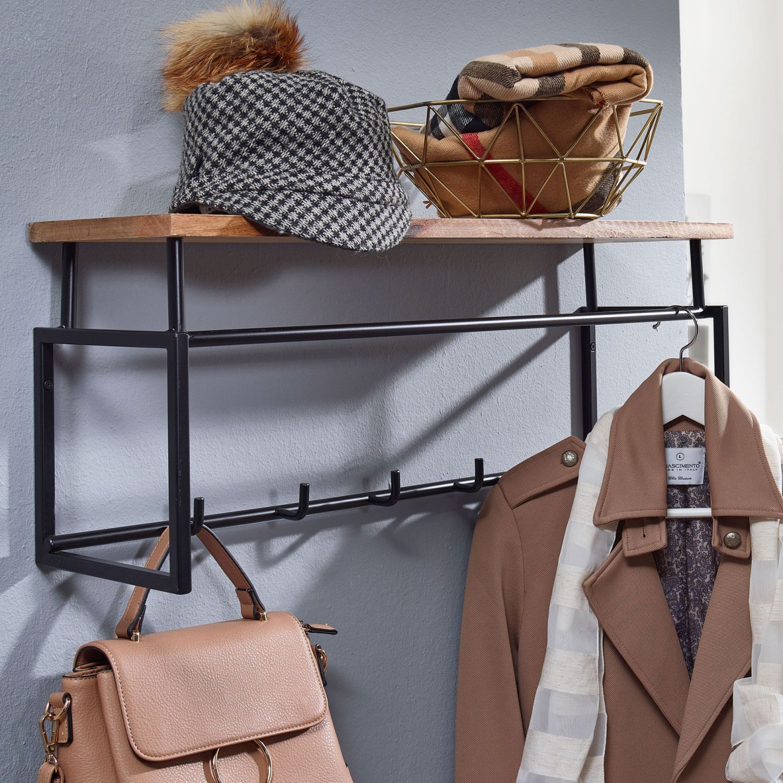 Wandgarderobe - Mango massiv - Eisen - 5 Haken - 71 cm