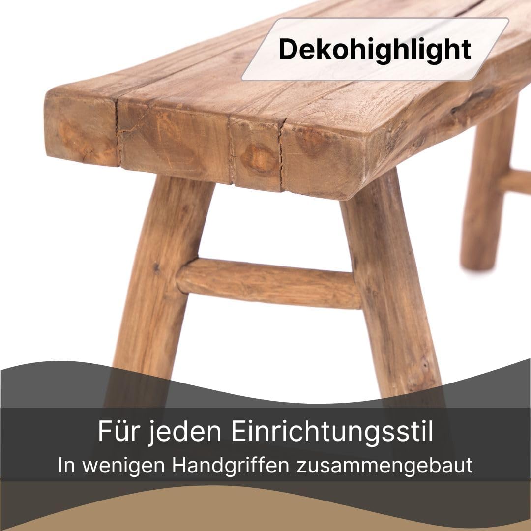 DESIGN DELIGHTS HOLZBANK Malu 93 | Teakholz, 93x44 cm, mit Streben | Treibholz Sitzbank, Baumkante Beistellbank, Bettbank, Küchenbank, Flurbank