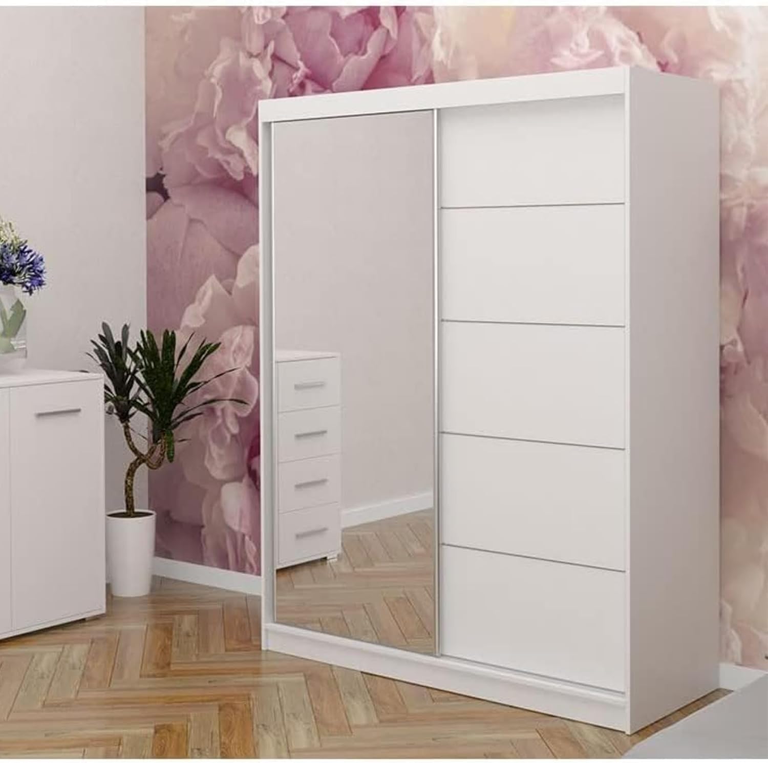Fabryka Mebli Idźczak Kleiderschrank mit Spiegel, Schiebetüren - Weißer Schwebetürenschrank, Schlafzimmerschrank - ‎61 x 150 x 200 cm - Schrank für Schlafzimmer, Ankleidezimmer, Garderobe