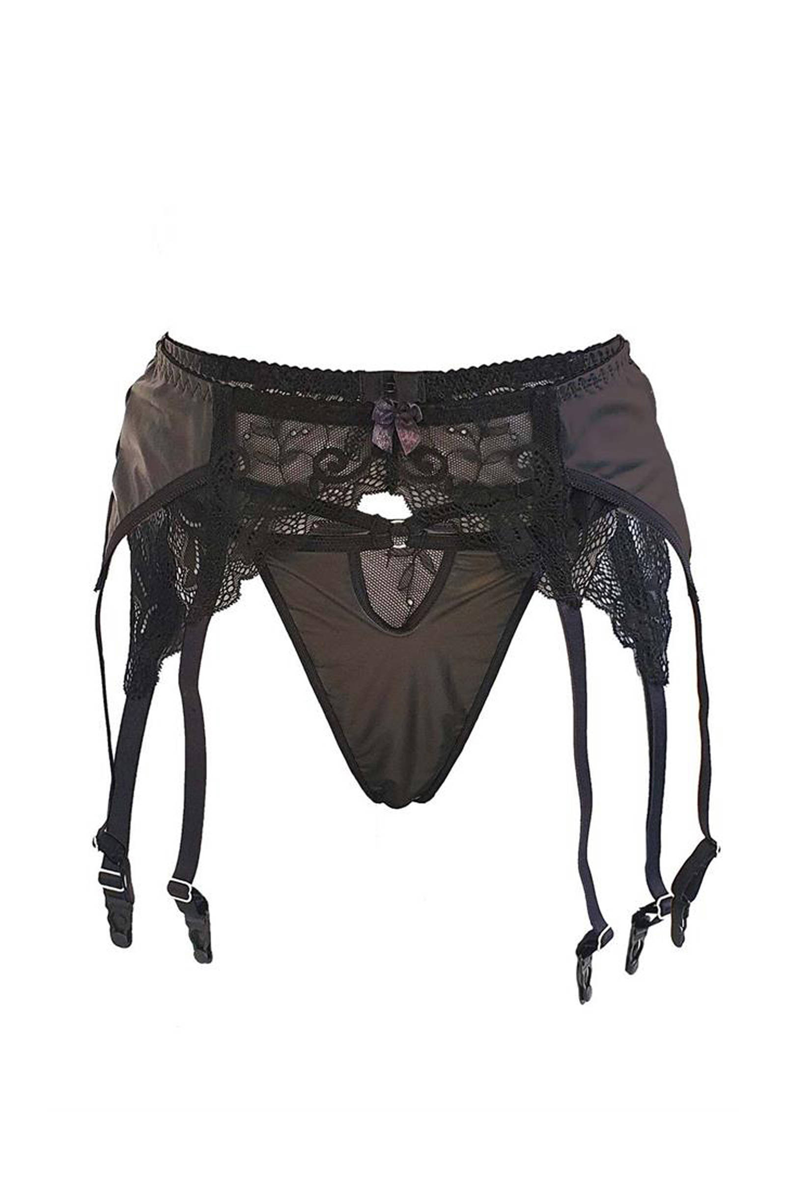 Christine le Duc leerlook beugelbh met string en jarretel Famke  zwart