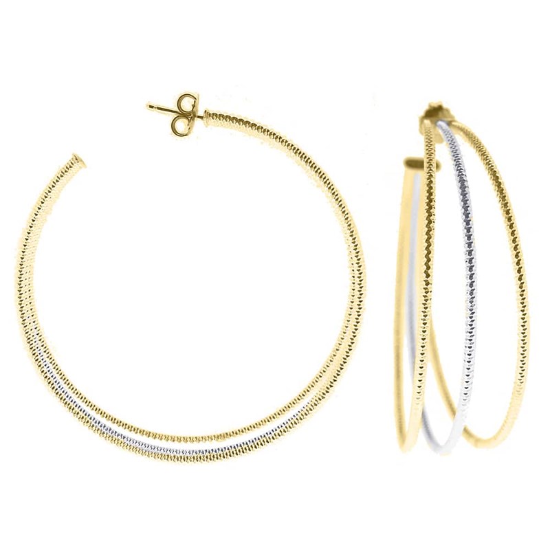 Boucles D'oreilles Créoles Trois Anneaux Très Grand Modèle Argent Diamanté Rhodié Doré Helena Diamètre 65mm