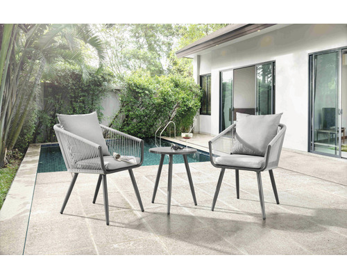 Destiny Rom 2-zits balkonset bestaande uit: 2 stoelen, inclusief kussens, aluminium tafel met grijze stoffen bekleding