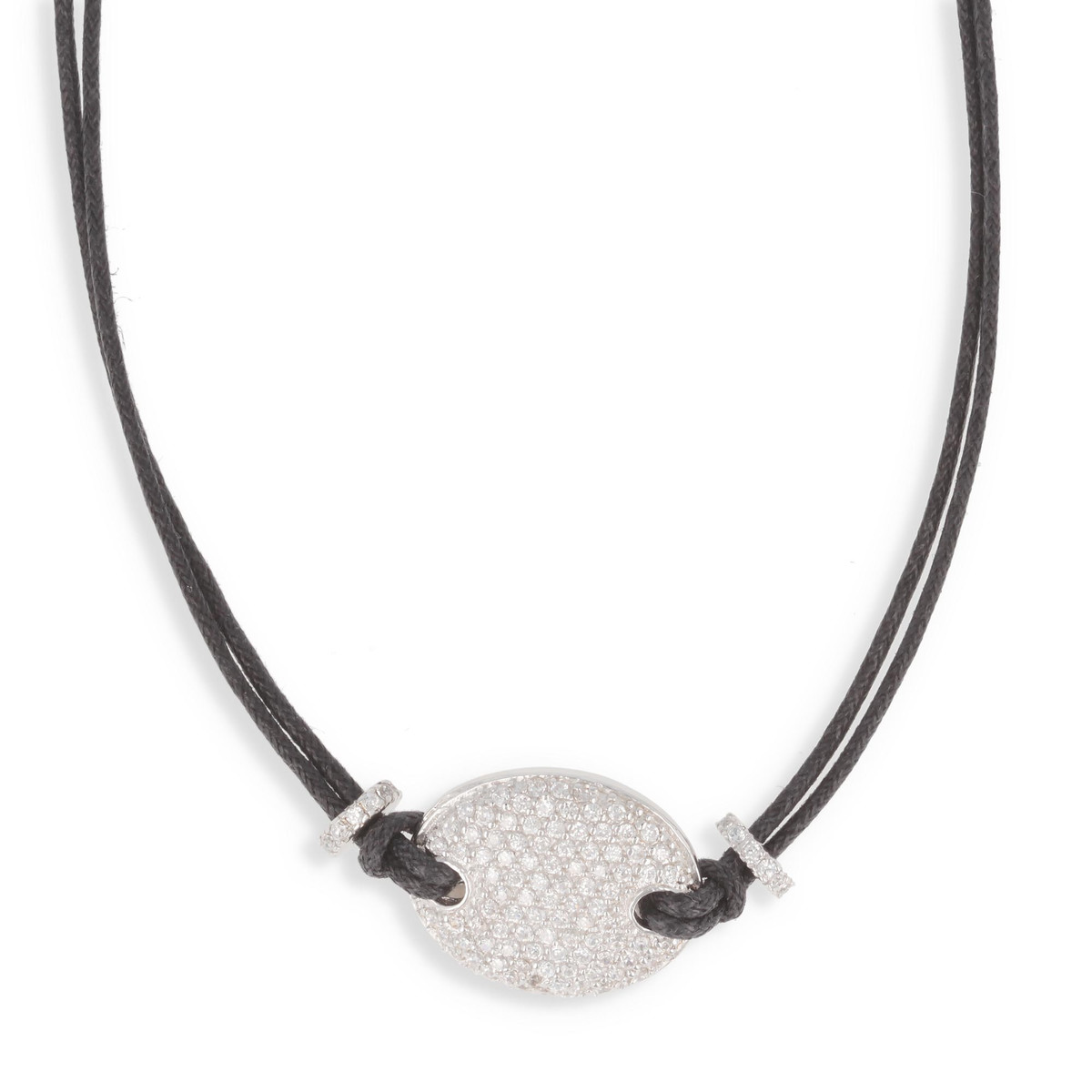 Collier imitation cuir noir avec argent cubic zirconia 40cm