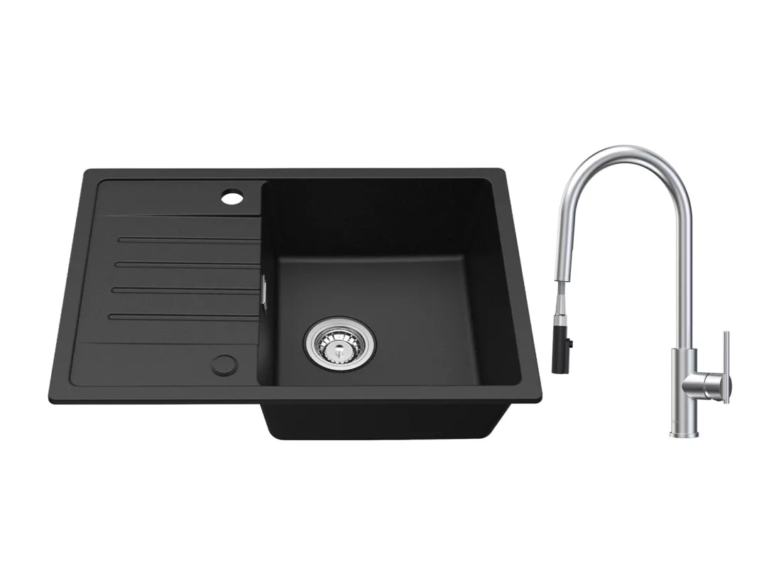 Evier 1 Bac avec Egouttoir, Evier en Quartz et résine Noir 65x45cm + Mitigeur de Cuisine Avec Douchette Extractible, 2 Modes de Sortie D'eau, Brossé