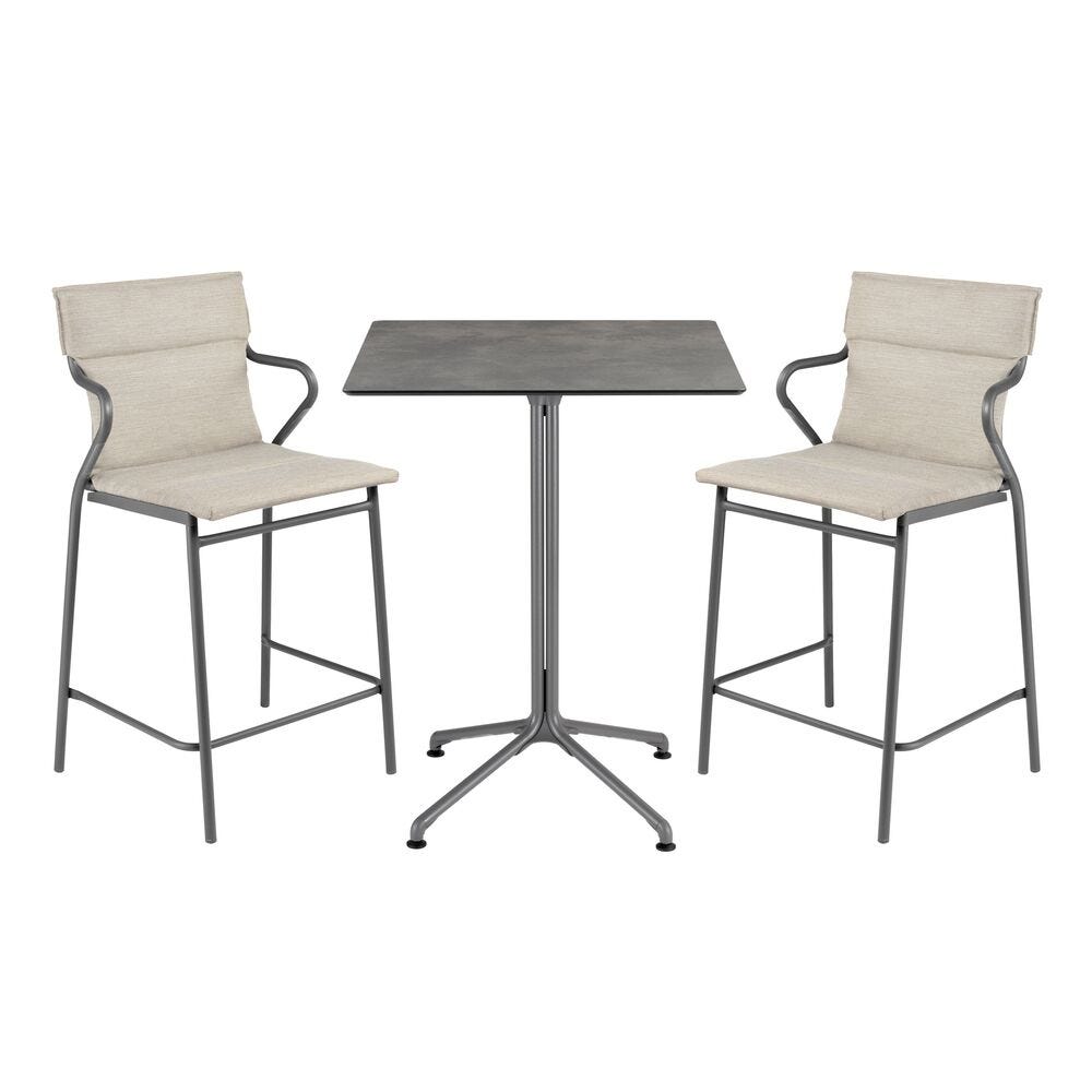 Set Quadratischer Esstisch und 2 Sessel Komforthöhe Horizon HPL Titane