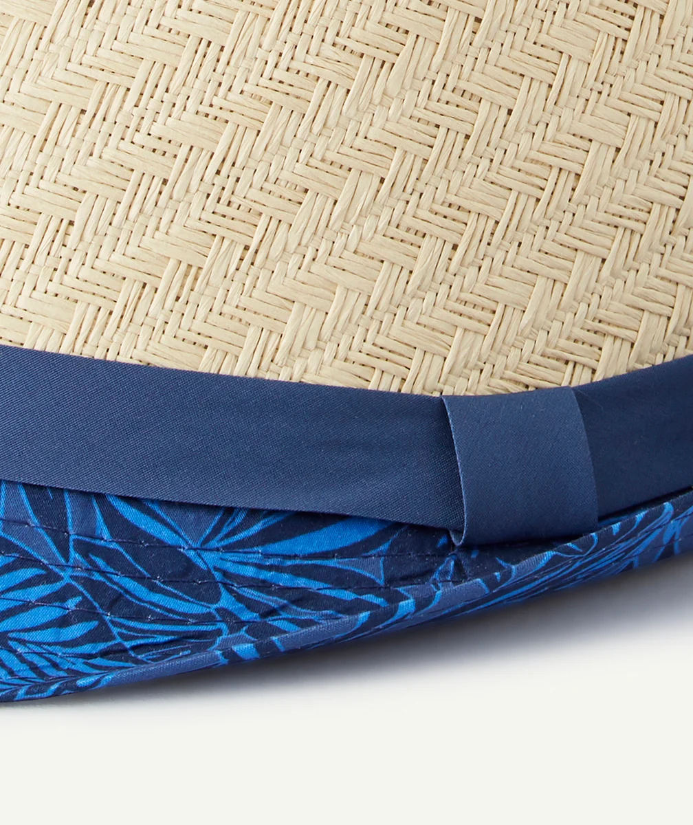 CHAPEAU DE PAILLE GARÇON AVEC TISSU BLEU MARINE IMPRIMÉ