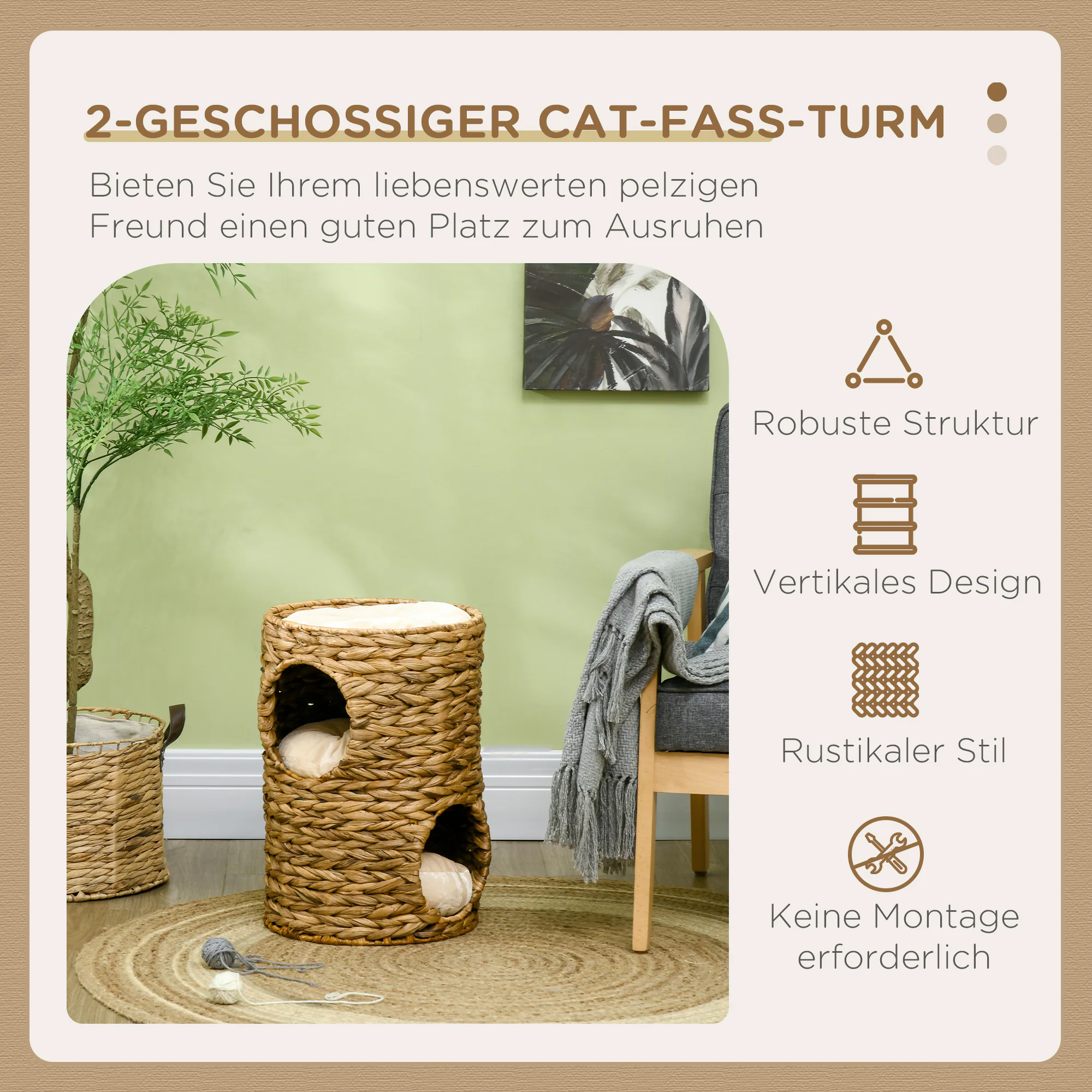 PawHut Katzenturm mit Kissen und 2 Eingängenen braun 32L x 32B x 47H cm