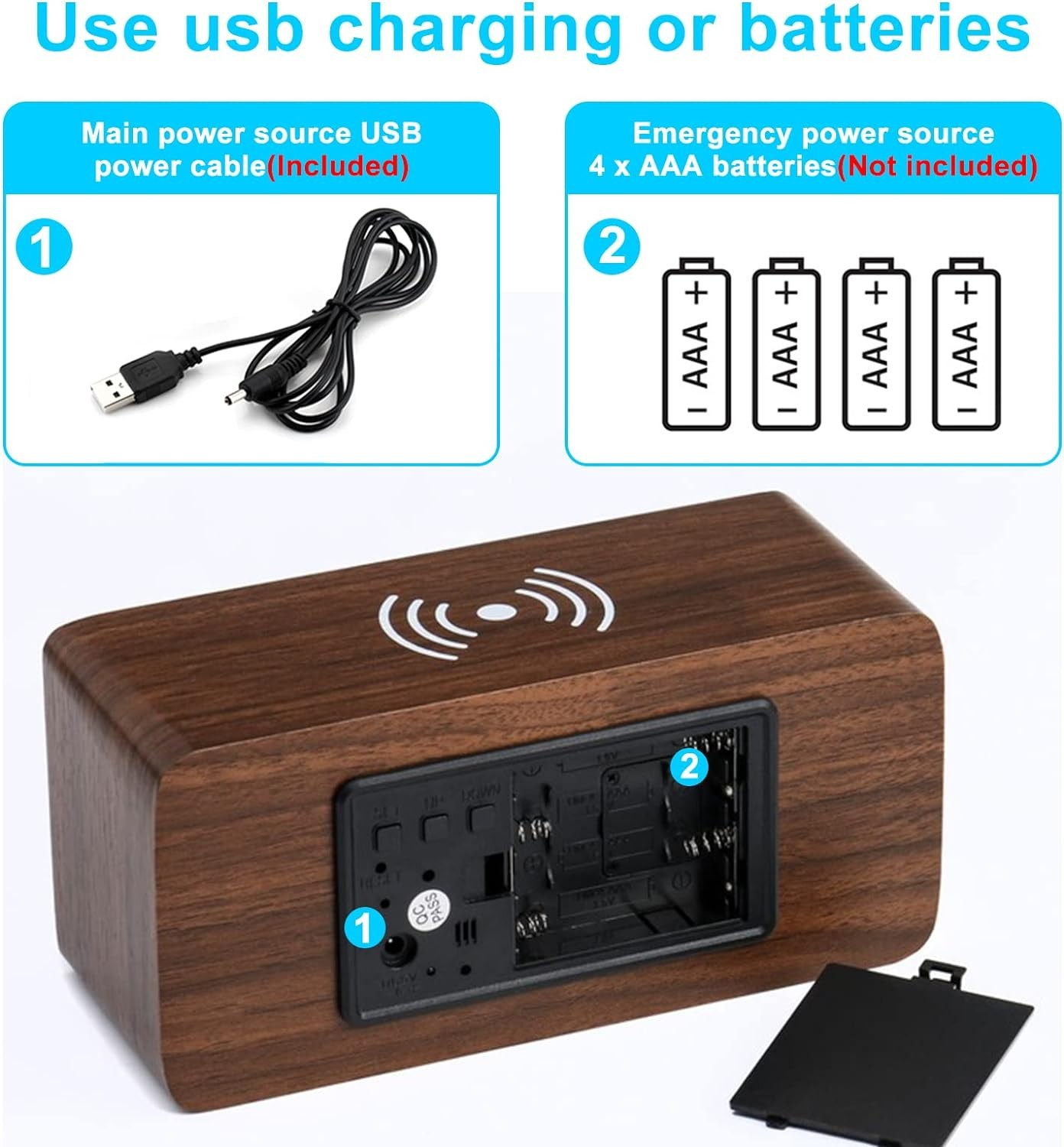 3in1 LED Holz Wecker USB Nachttisch Uhr mit Integrierter Ladestation Qi Wireless Ladegerät / Temperatur Anzeige - Braun