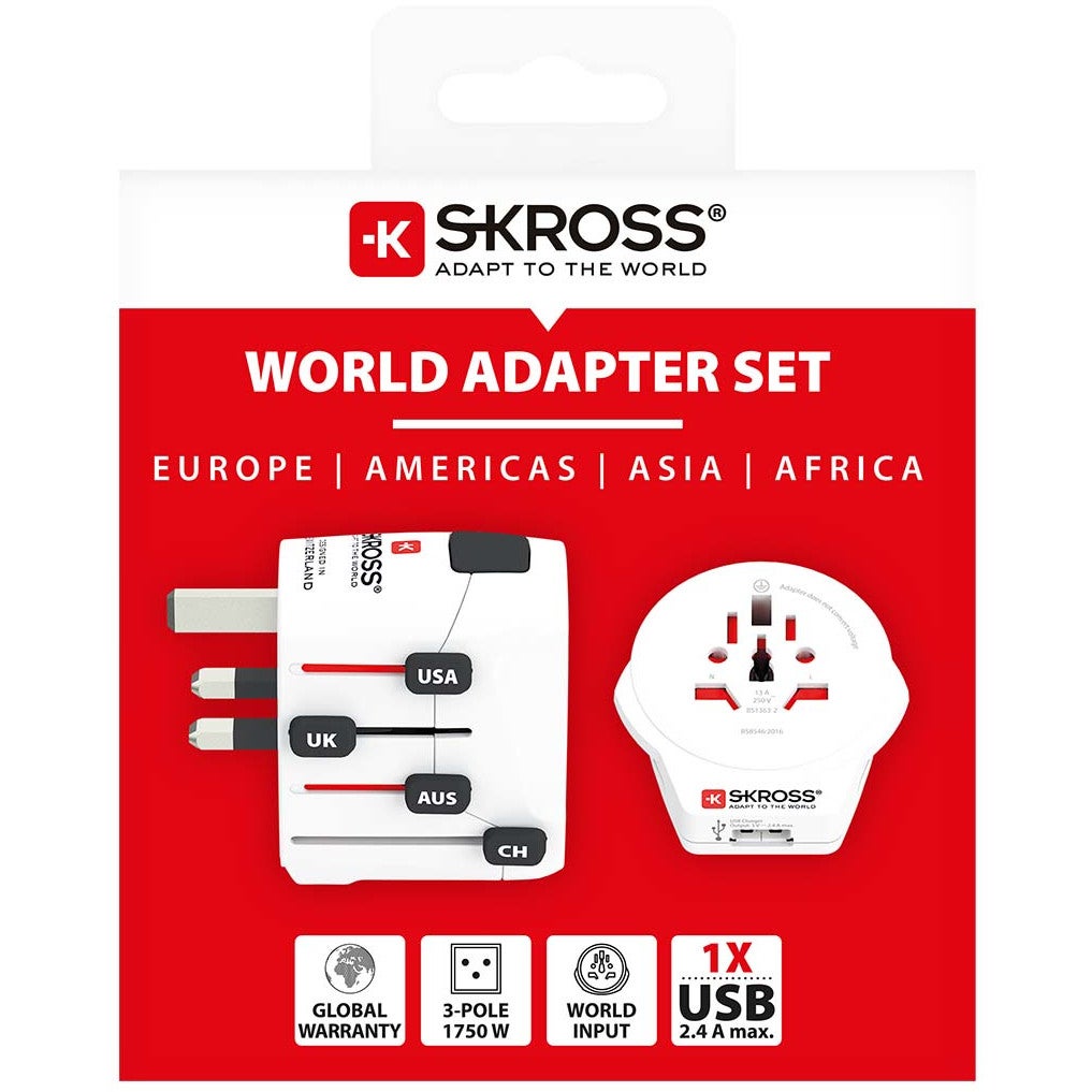 Skross 1302539 driepolige wereldreisadapter met USB-poort
