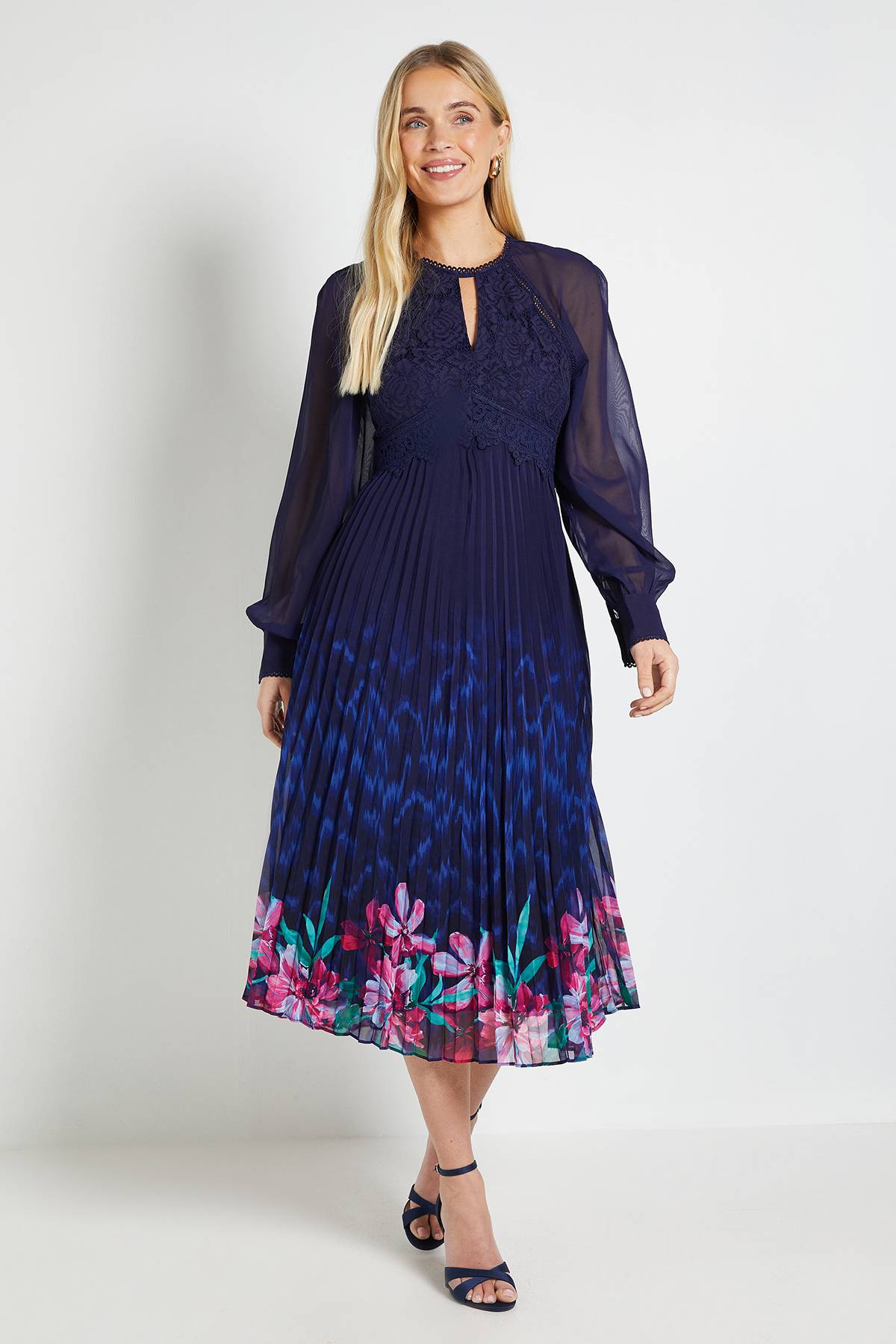 Wallis Robe Midi Plissée À Insert En Dentelle Petite Taille Occasion