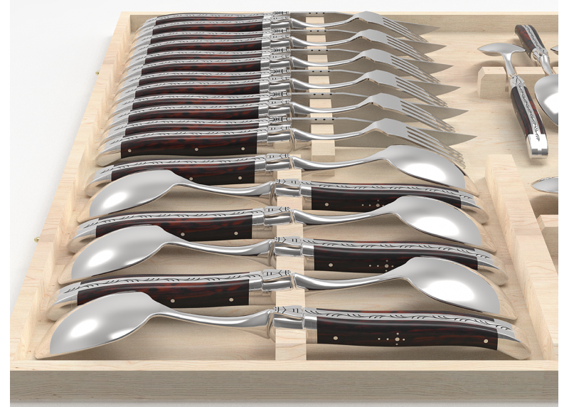 Service Laguiole de 24 pièces avec un manche en bois d'amourette et mitres en acier inoxydable
