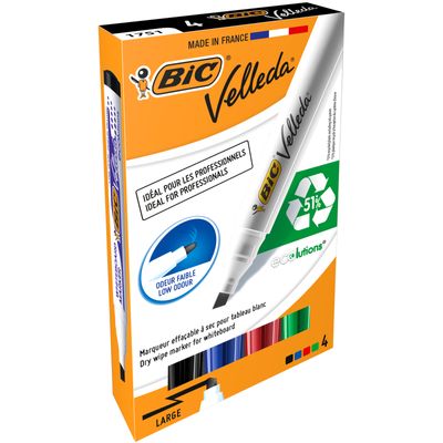 BIC VELLEDA 1751 - Pack de 4 marqueurs effaçables - pointe biseau - couleurs assorties