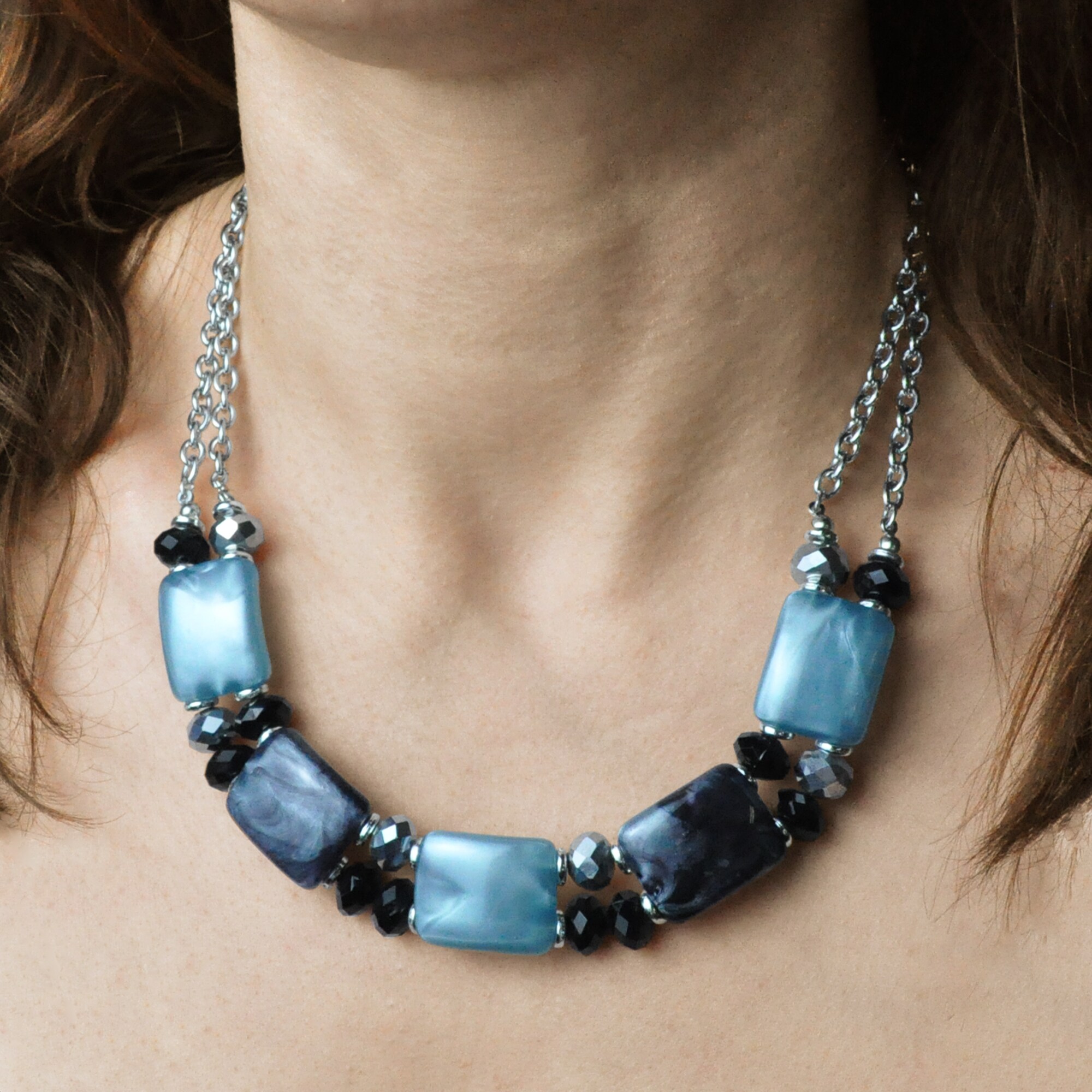 Steuer Modeschmuck Collierkette silberfarben doppelreihig, Zierelemente blau schwarz silber