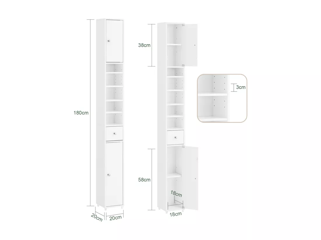 Meuble de Rangement Salle d Bain Meuble Colonne Armoire,L20xP20xH180cm, BZR34-W