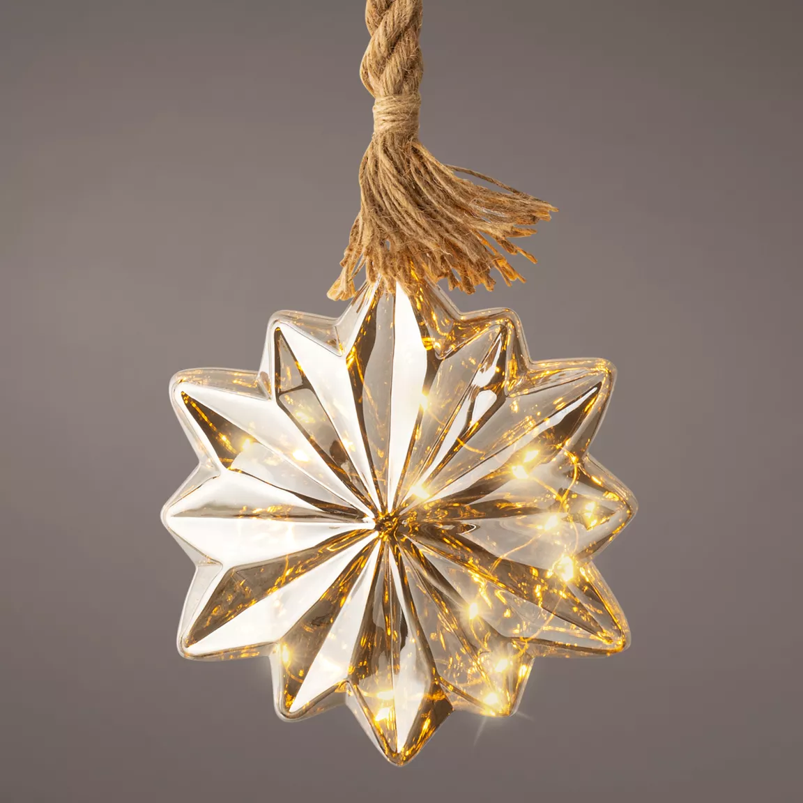 Suspension lumineuse en verre à piles 15 LED (D19 cm) Fleur Gris/blanc chaud