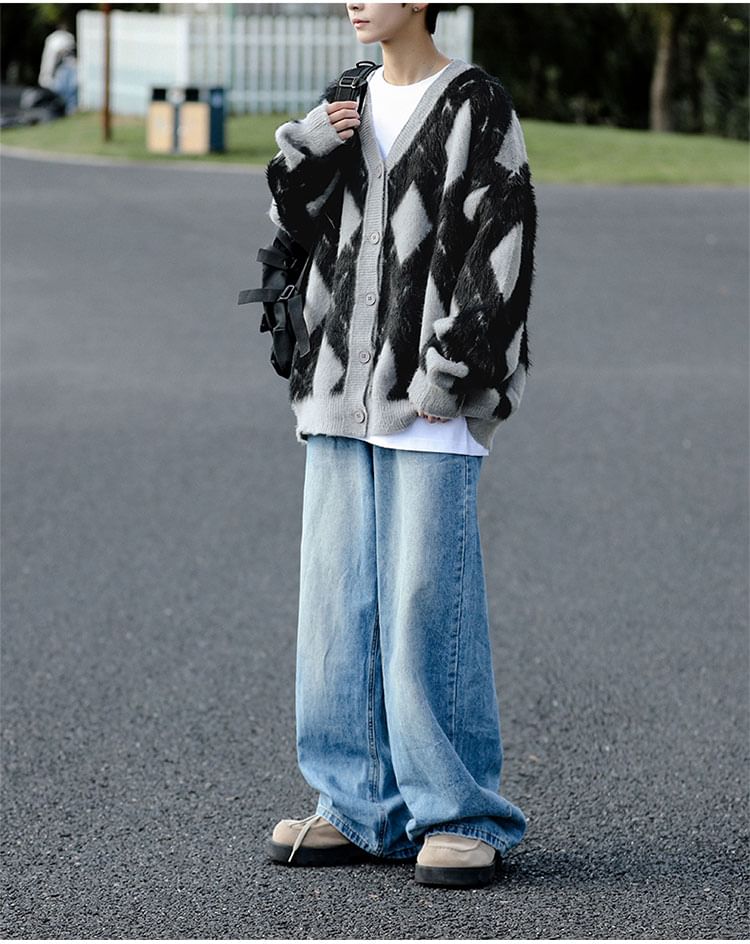 Whyessa - V-hals Argyle Fluffy Cardigan