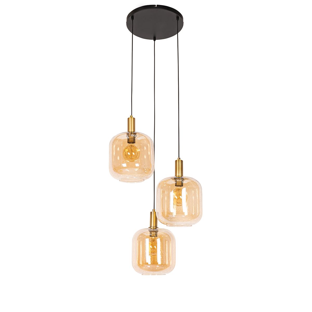 Smart hanglamp zwart met messing en amber glas 3-lichts incl. 3 Wifi G95 - Zuzanna
