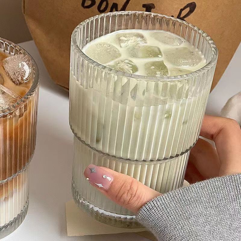 Home Simply - Gestructureerde glazen drinkbeker / deksel / drinkrietje / set