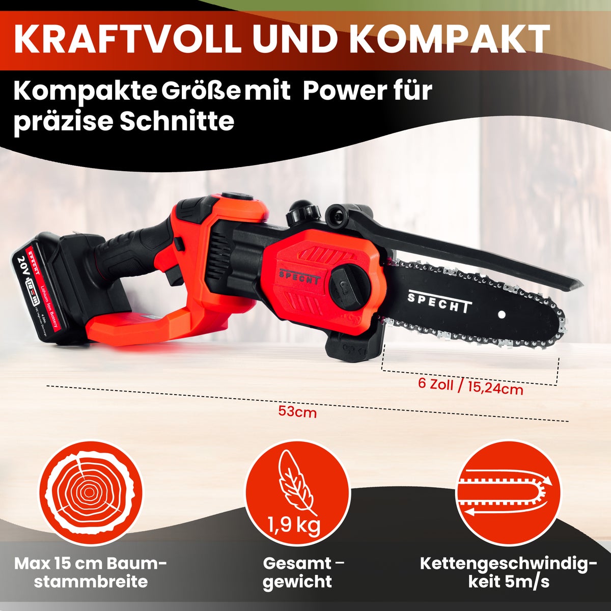 Specht® OAK-ONE Accu snoeizaag/minikettingzaag/houtknipper, incl. 1 x 4Ah accu en dockingstation