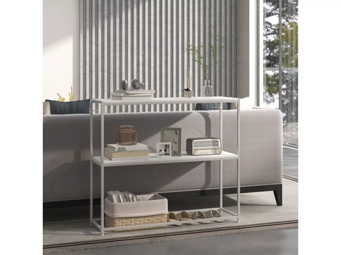 Table console plateau étagère dim. 100L x 30l x 87H cm acier panneaux blanc