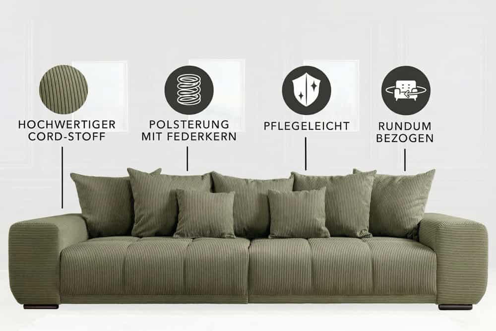 Modernes XXL Sofa ELEGANCIA 285cm grün Cord Federkern inklusive Kissen Bigsofa