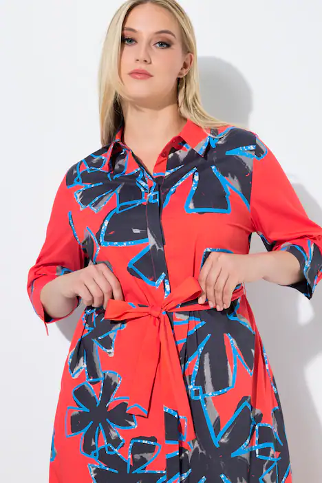 Hemdblusen-Midikleid, Blüten, A-Linie, 3/4-Arm, paprikarot
