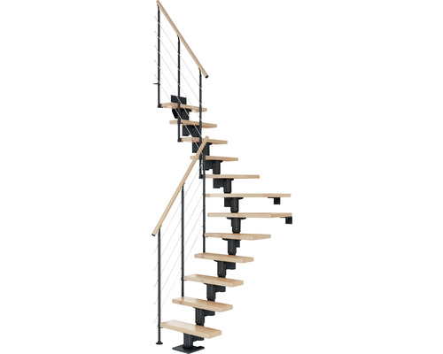 Pertura Spiros middentrap, antraciet, kwartslag, links/rechts onder, leuning 75 cm, beuken gelamineerd hout, gelakt, 11 treden / 12 stootborden