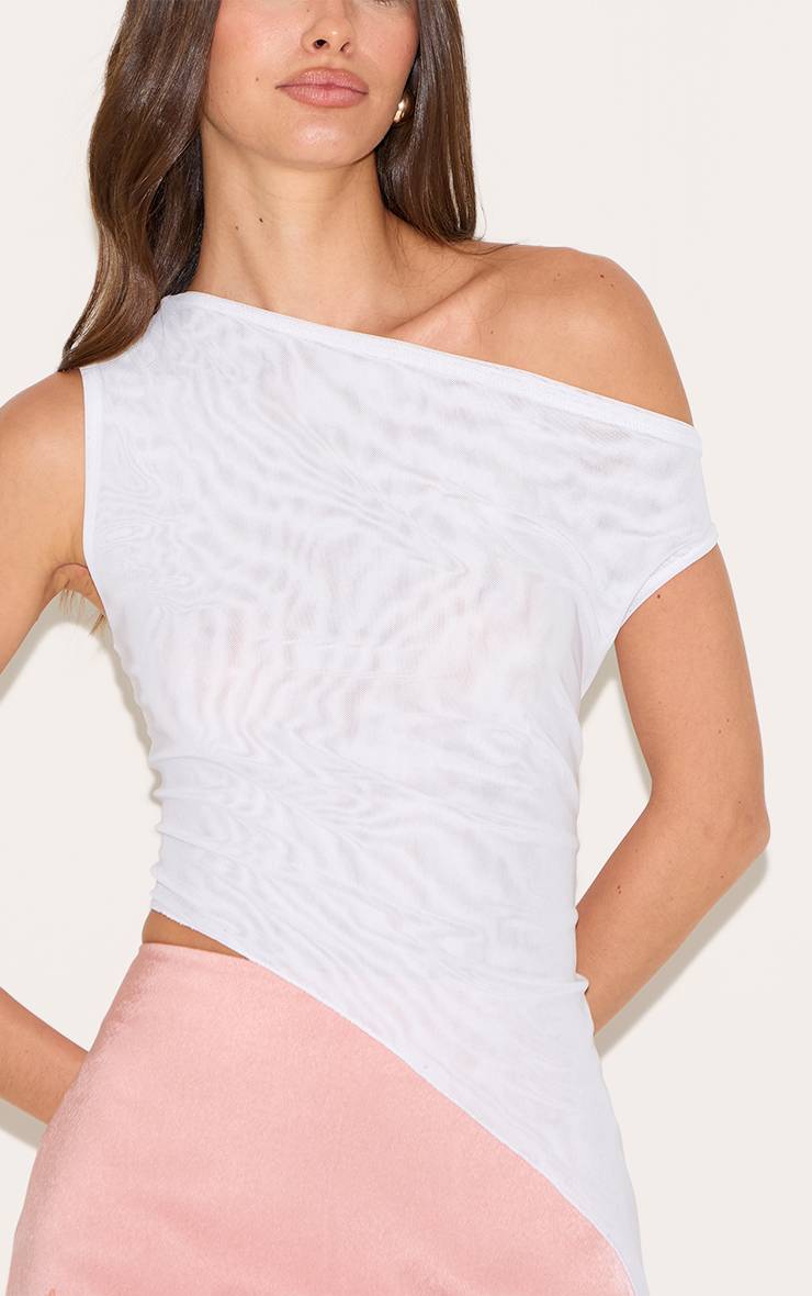 Blanc Haut En Mesh À Col Asymétrique Imprimé Cerf
