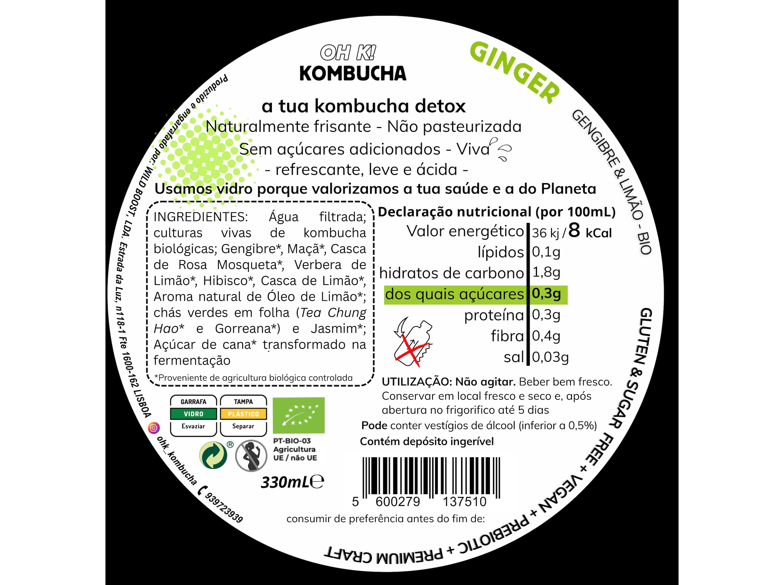 KOMBUCHA BIO OH K! GINGER (GENGIBRE LIMÃO) 330ML