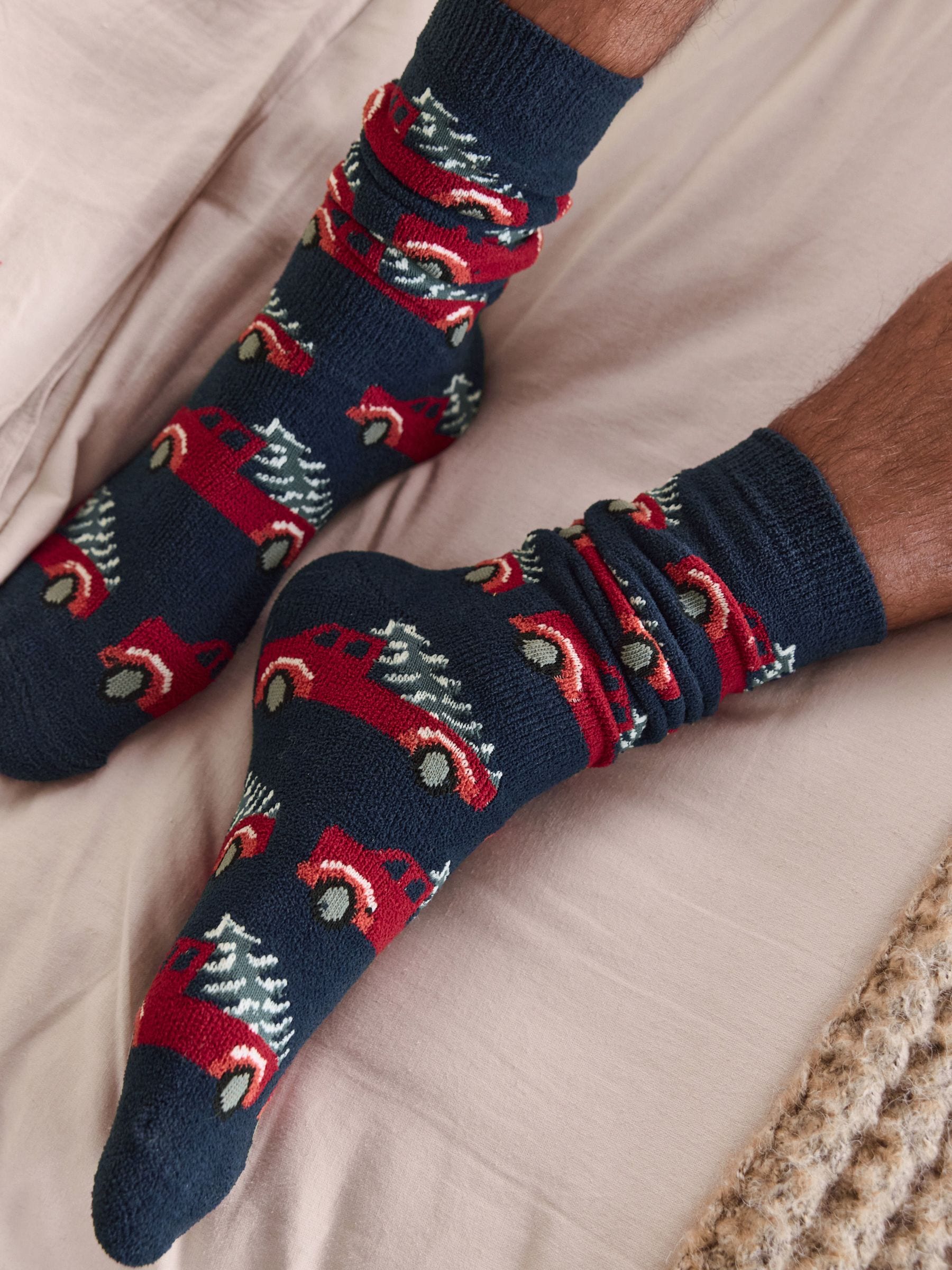 Marineblauw/rood vrachtwagen - Set van 2 paar behaaglijke Kerstmis Sokken voor het hele gezin