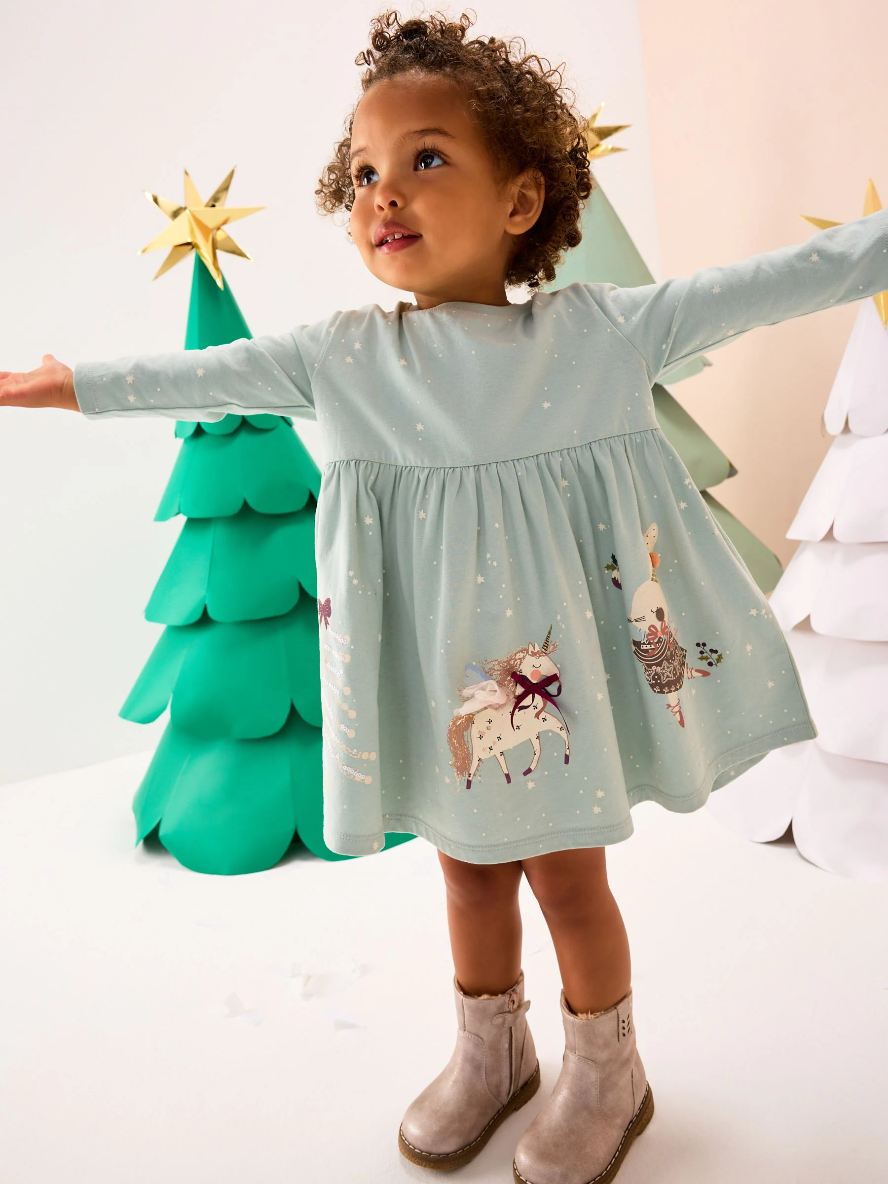 Blauw - Kerstjurk met lange mouwen en figuurtje (3mnd-7jr)