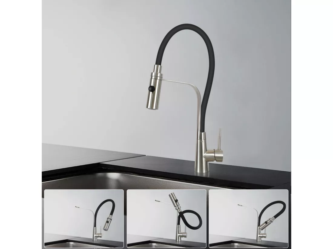 NETTLIFE Robinet de Cuisine avec Flexible Grands extensibles avec pomme de douche, 46,5 cm, noire , mélangeur à haute pression pivotant à 360