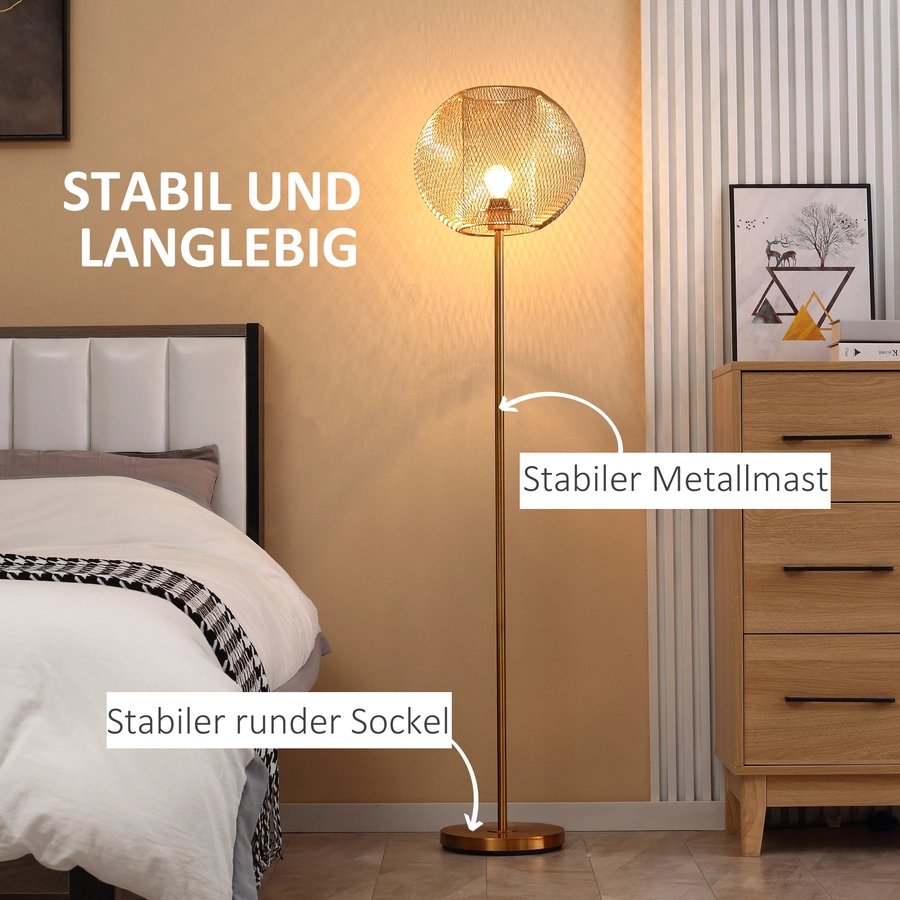 HOMCOM Stehleuchte mit Netz-Lampenschirm gold