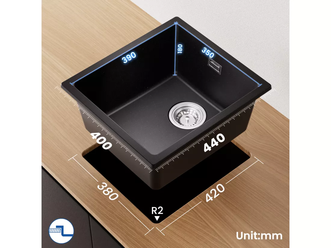 CECIPA MAX Evier 1 Bac en Quartz et Résine Noir Gris 40*44*20cm + Mitigeur de Cuisine avec Douchette Extractible Brossé