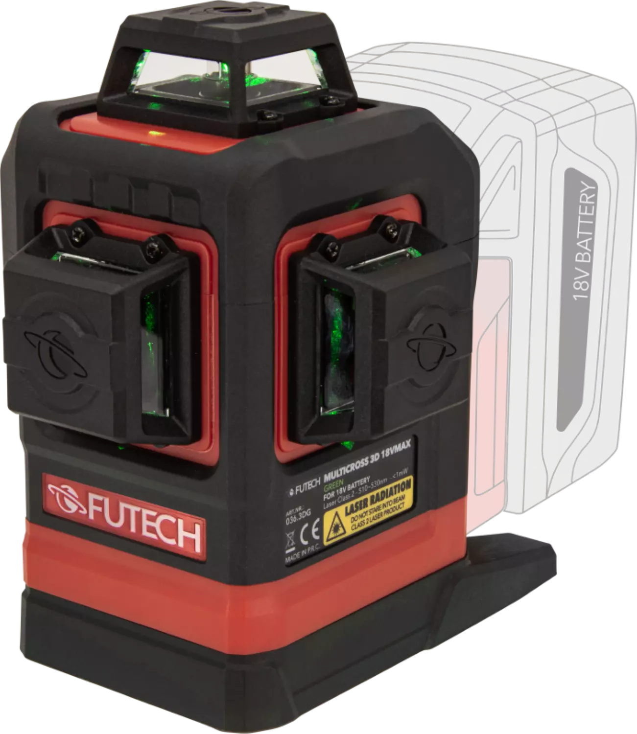 FUTECH Multicross 3D 18VMAX kruislijnlaser set incl. statief en 18V batterij adapter - groen - 70m - 3 lijnen